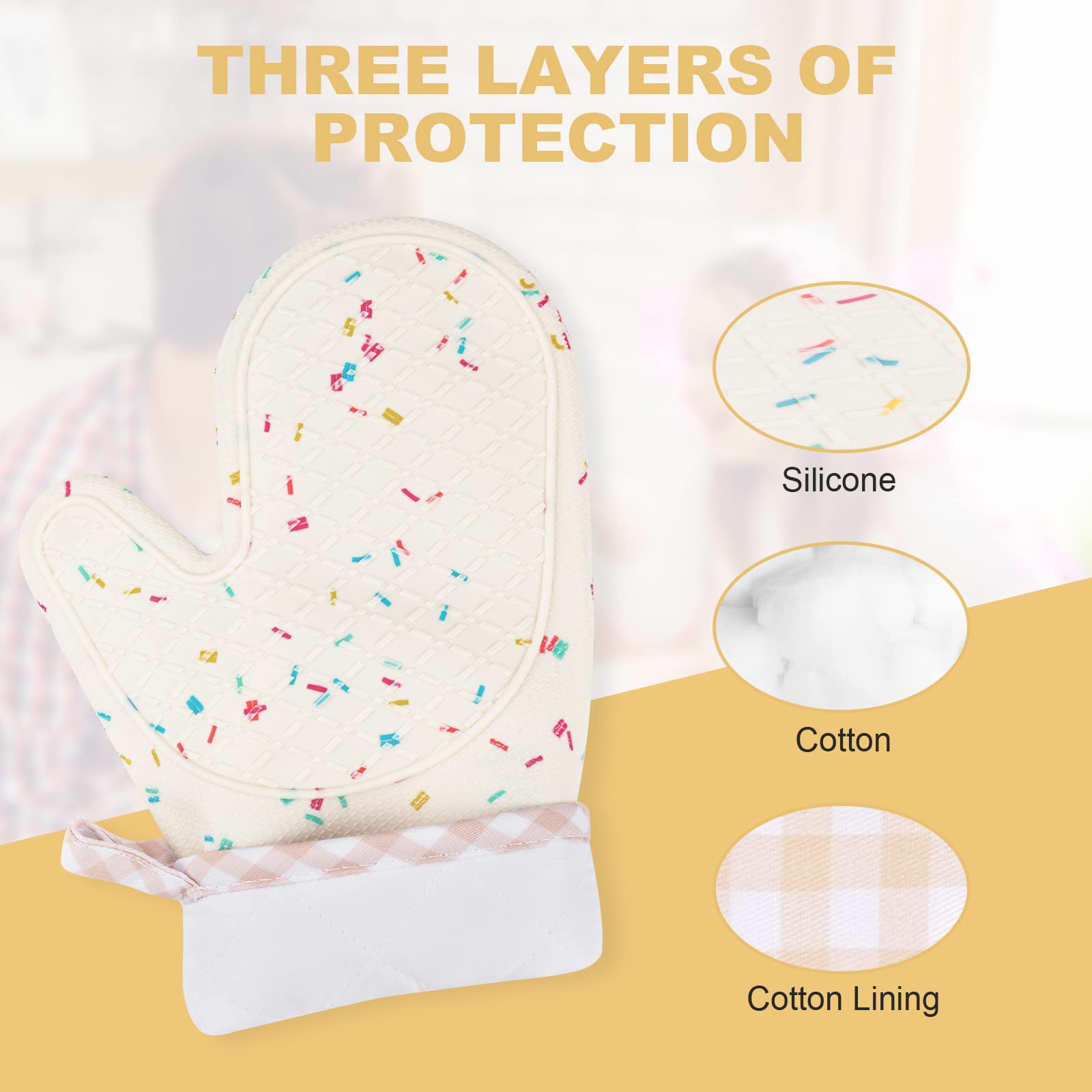 AUAUY Ofenhandschuhe Set - 1 Paar Handschuhe + 4 Topflappen, Hitzebeständig Bis 180°C