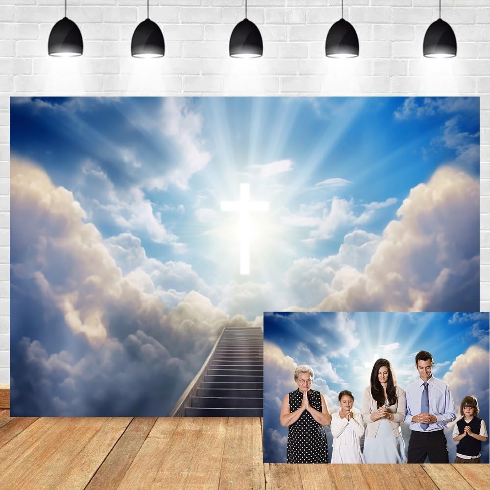 Leyiyi 7x5ft Jesus Christ Cross Backdrop Glitter Cross Holy Lights Stairway to Heaven Backdrop Paradise Stairs Clouds Photography Background Lord Pray