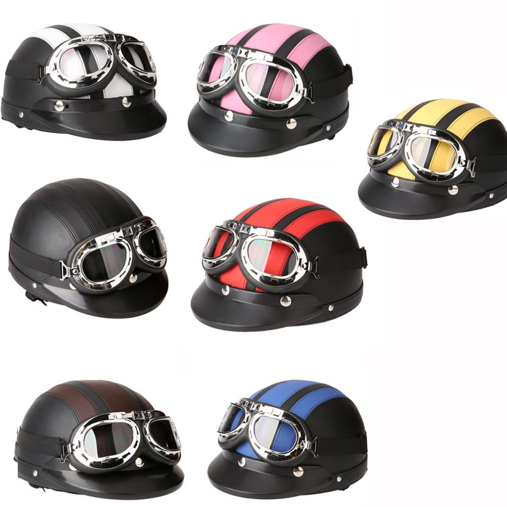 HUIOP Casques de Trottinette,Moto Scooter Open Face Demi Casque de Cuir avec visière UV Lunettes Retro Vintage Style 54-60cm