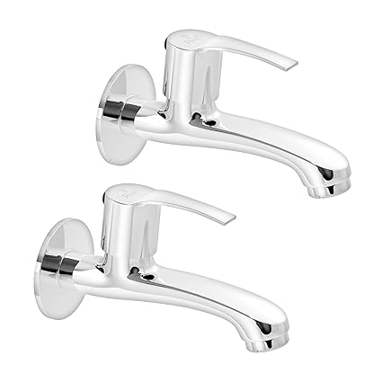 Pixaflo Sting Brass Long Body Bib Cock Tap with Wall Flange (Pack of 2) (Chrome)