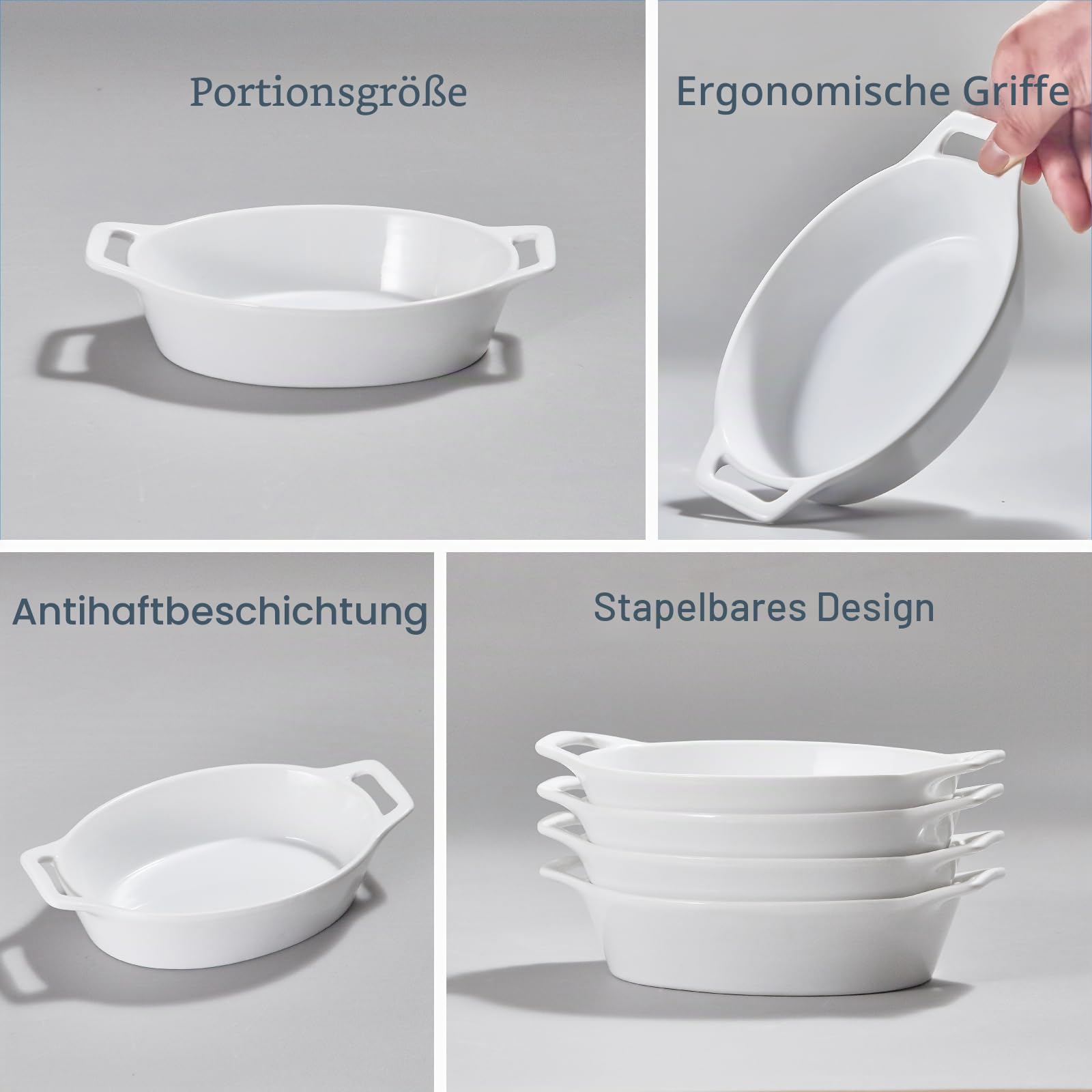 ONEMORE Au Gratin Auflaufform, 590 ml, einzelne Auflaufformen für ofenfest, ovale Keramik-Backform mit Griffen, Set mit 4 Au Gratin Pfannen zum Braten, Lasagne, Backen von Fleisch und Gemüse, Weiß