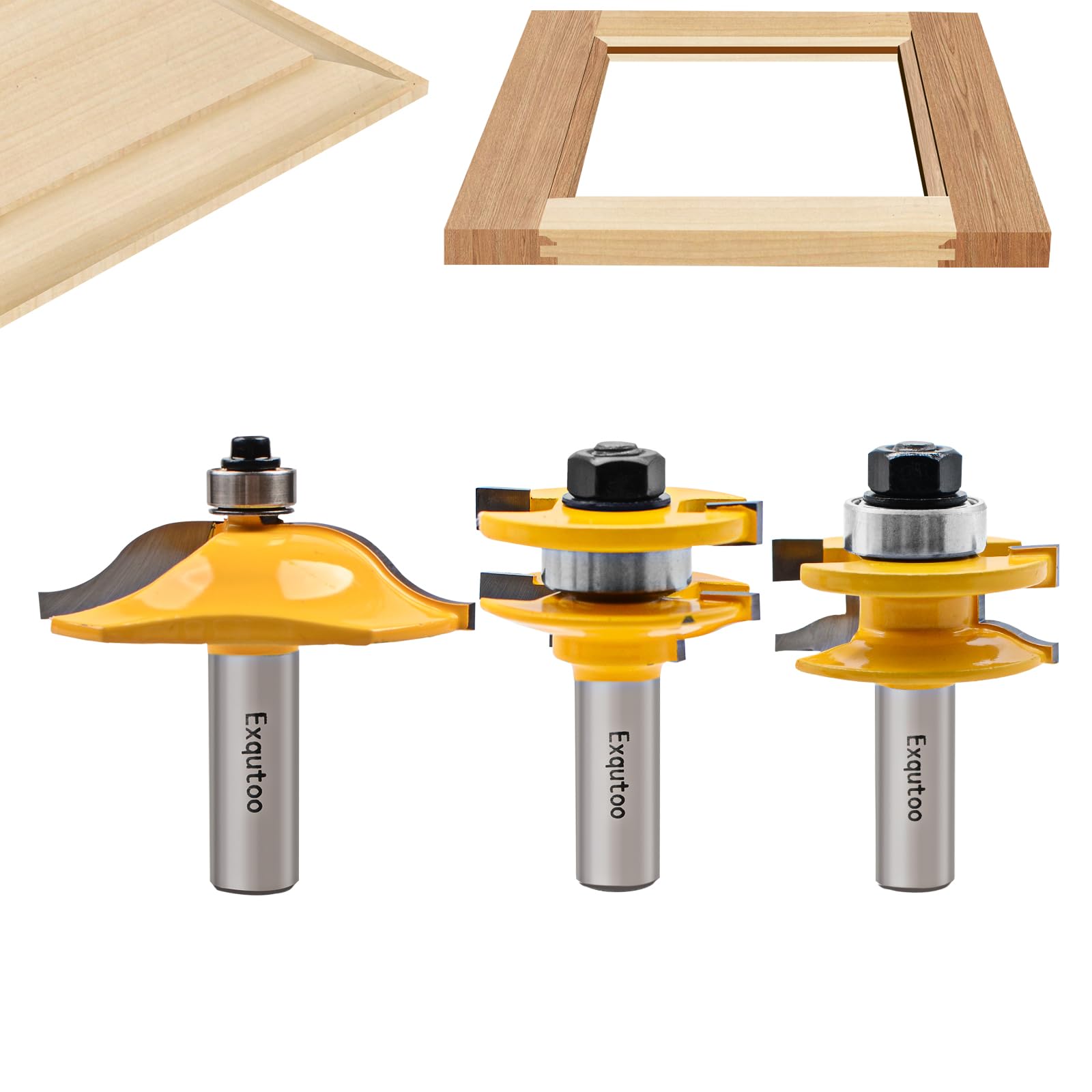 Exqutoo Juego de 3 fresas para enrutador con vástago de 1,3 cm, de carburo cementado, para trabajar la madera, puertas y ventanas (diámetro de la fresa para juntas de espiga: 4,4 cm)