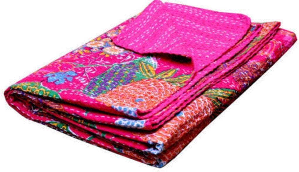 YUVANCRAFTS Indian Handmade Kantha Quilt Pure Cotton Traditional Floral and Fruits Screen Print Queen Blanket Bedspreads Throw