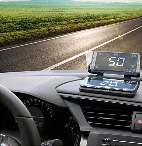 Armor All Heads Up Display mounted on a car dashboard with a smartphone displaying speed