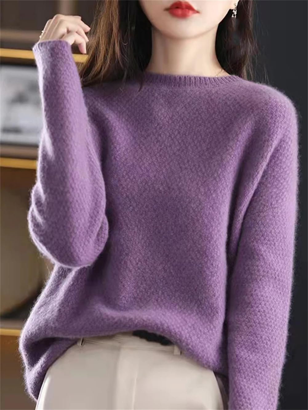 Maglione girocollo spesso in 100% lana merino da donna - Maglione casual ampio for autunno/inverno - Bianco M