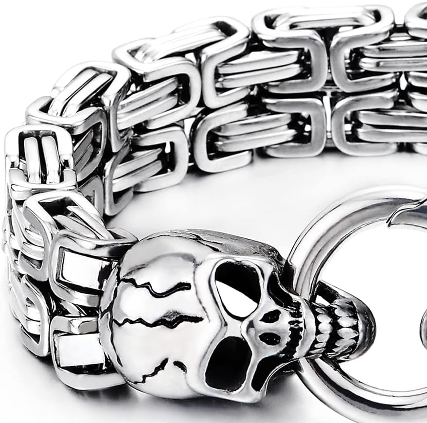 COOLSTEELANDBEYOND Mens Stainless Steel Two-strand Braided Byzantine Chain Bracelet with Skulls and Spring Ring Clasp - Image 4