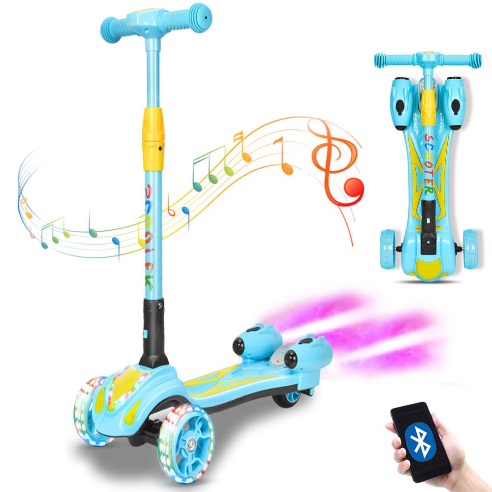 Kids Scooter, 3 Wheel Scooter for Kids Ages 3-10, with Bluetooth Music Spray Flashing PU Wheels Height Adjustable LED Lights Aluminum Alloy Pipe Pedal Brake Folding Kick Scooter for Boys Girls