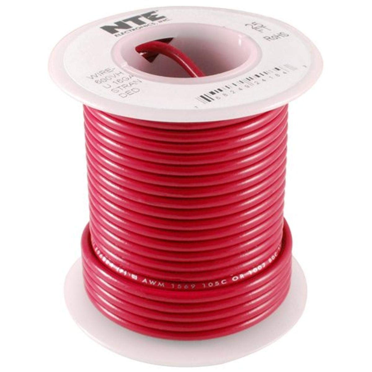 NTE Electronics WT22-02-25 Series WT Teflon Hook Up Wire, Type 22 Gauge, 19 Stranded, 25' Length, 600V, Red
