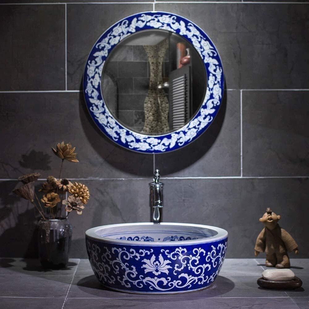 Szafka Pod Umywalkę Z Umywalką, Umywalka Łazienkowa Nablatowa, Okrągła Ceramiczna Umywalka Nablatowa W Stylu Vintage, Malowana Porcelanowa Miska Nablatowa