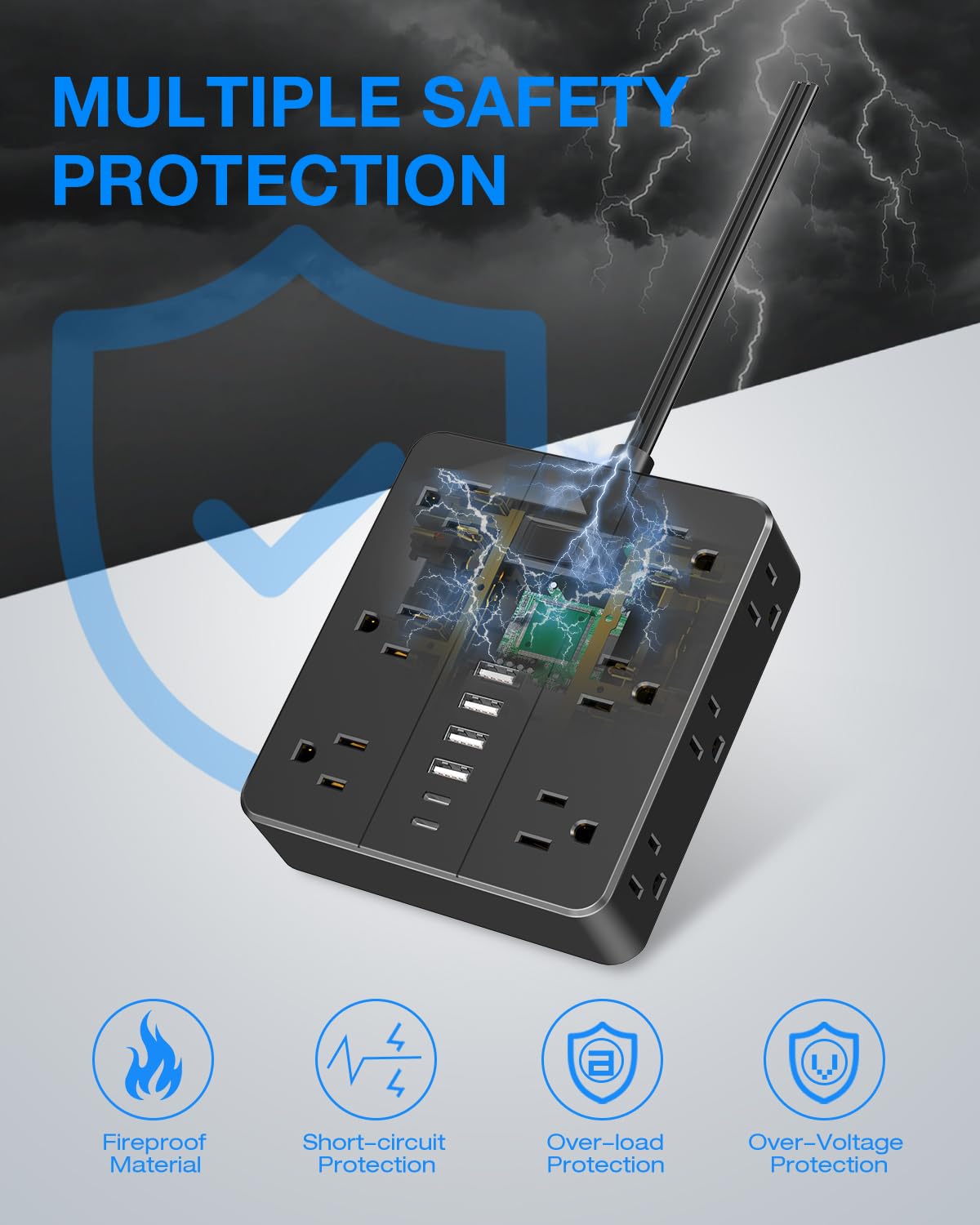 HUNIAN - Protector de sobretensiones de enchufe plano, cable de extensión de 5 pies con 12 salidas múltiples espaciadas, 6 cargadores USB (2 puertos USB C), estación de carga de computadora para