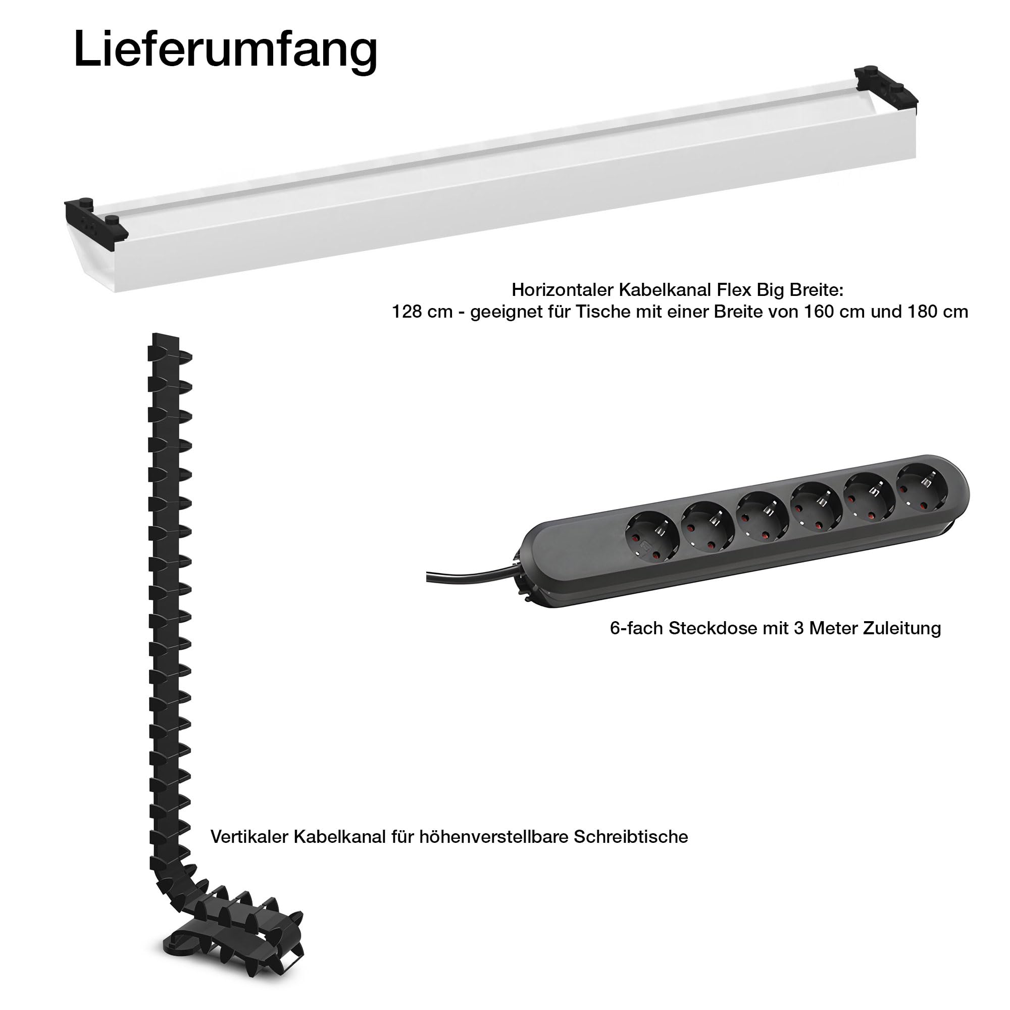 ASSMANN Horizontaler Kabelkanal Flex-Big + Vertikale Kabelführung + 6-Fach Steckdose 128x16x10cm 1280mm Weiß einfache Montage für Büro und Homeoffice