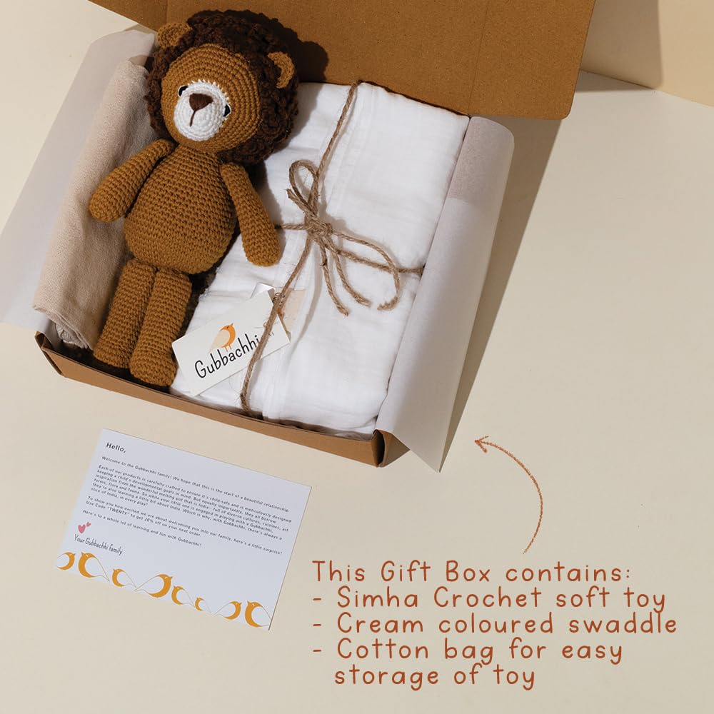 GUBBACHHI Newborn Gift Set | Crochet Soft Toy & Muslin Swaddle Combo | Newborn Gift | Gifting for Infants/Babies | 100% Muslin Cotton swaddlecloth | Toy for Gifting | 3 Months + | (SIMHA TOY, SWADDLE)