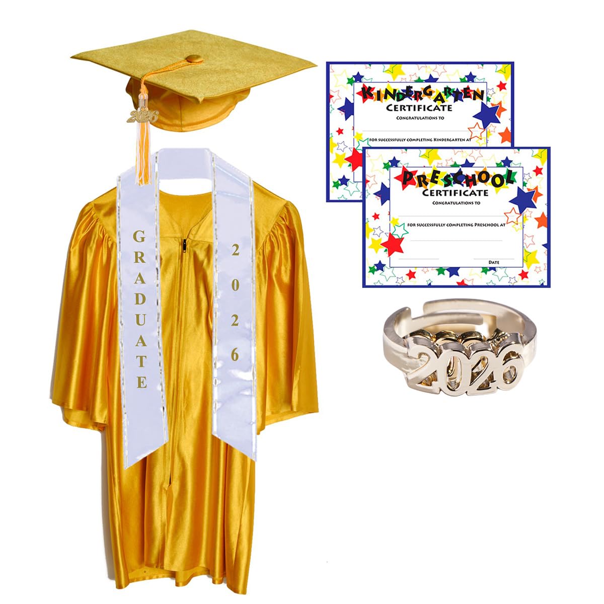 Happy Graduates Shiny Deluxe Graduation Sets, Graduation Cap, Gown, Tassel, Sash, Ring, Diploma