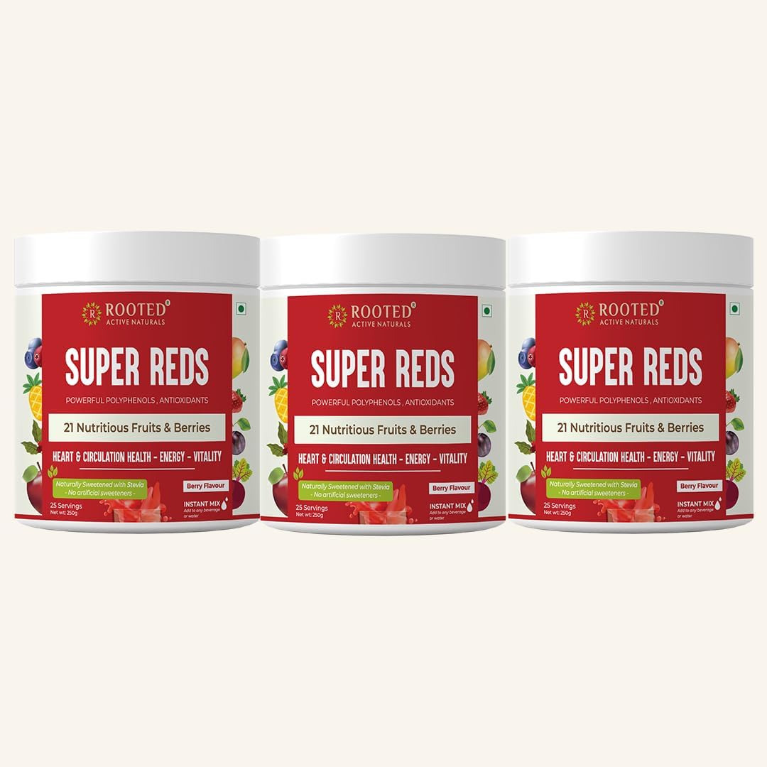 Rooted Active's Super Reds Powder | 21 Superfruits Blend | No Artificial Additives | Vegan, Non-GMO & Gluten-Free | Mix with Water & Smoothies | Pack of 3 | 250g Each