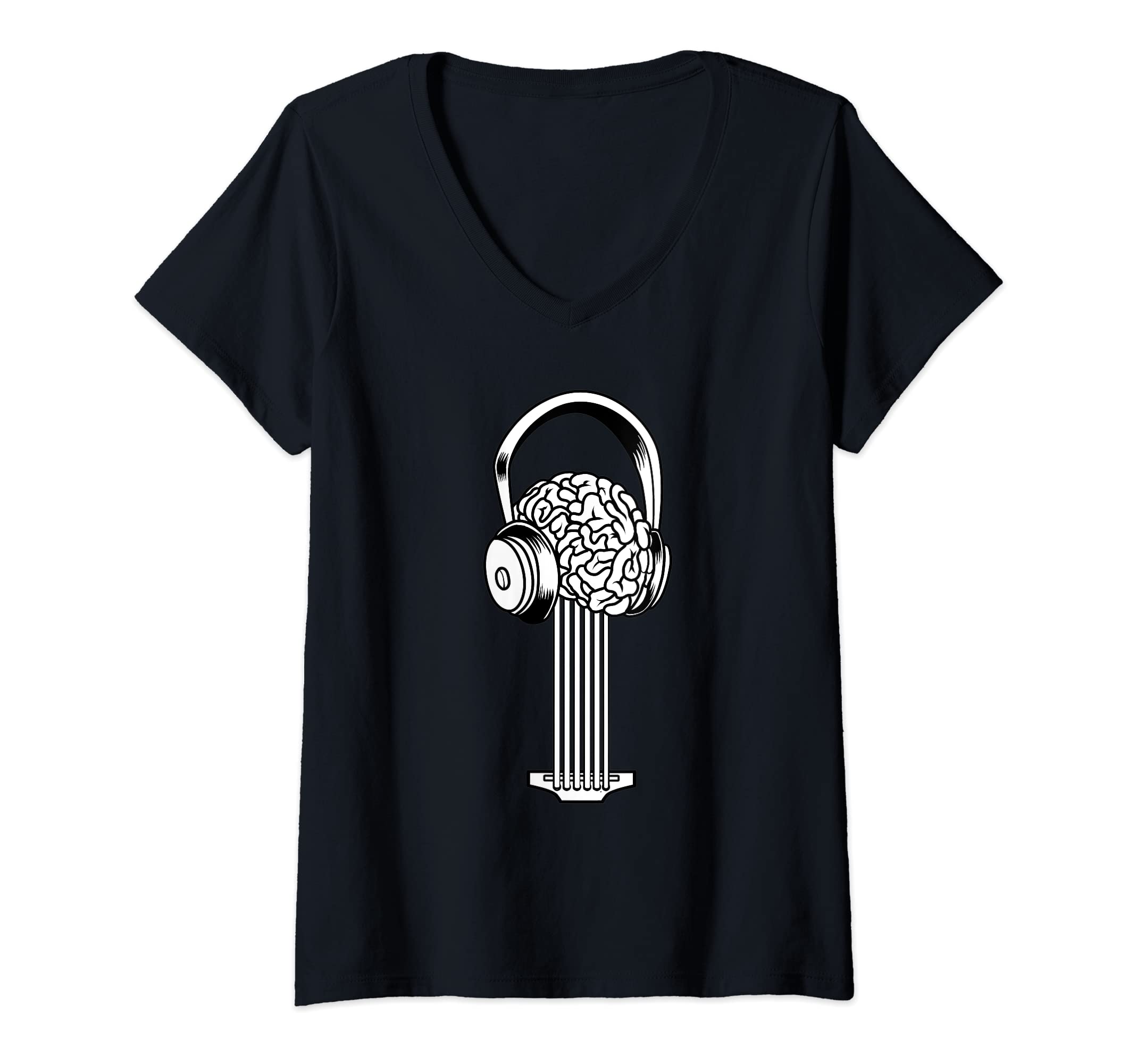 Womens Electric Guitar - E-Guitar Rock Guitarist Brain Headphones V-Neck T-Shirt, Black