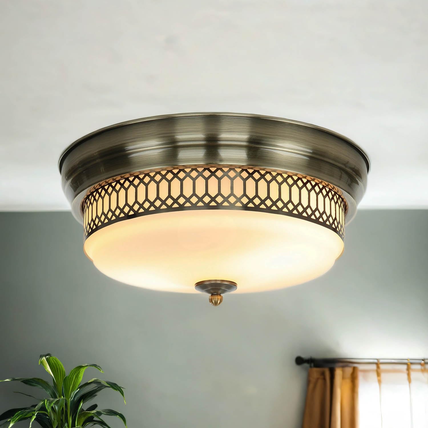 Licht-Erlebnisse Deckenleuchte Badezimmer Ø 35 cm H: 16 cm IP44 in Messing Antik Weiß 2x E27 Glas Metall Jugendstil Deckenlampe Badezimmerleuchte