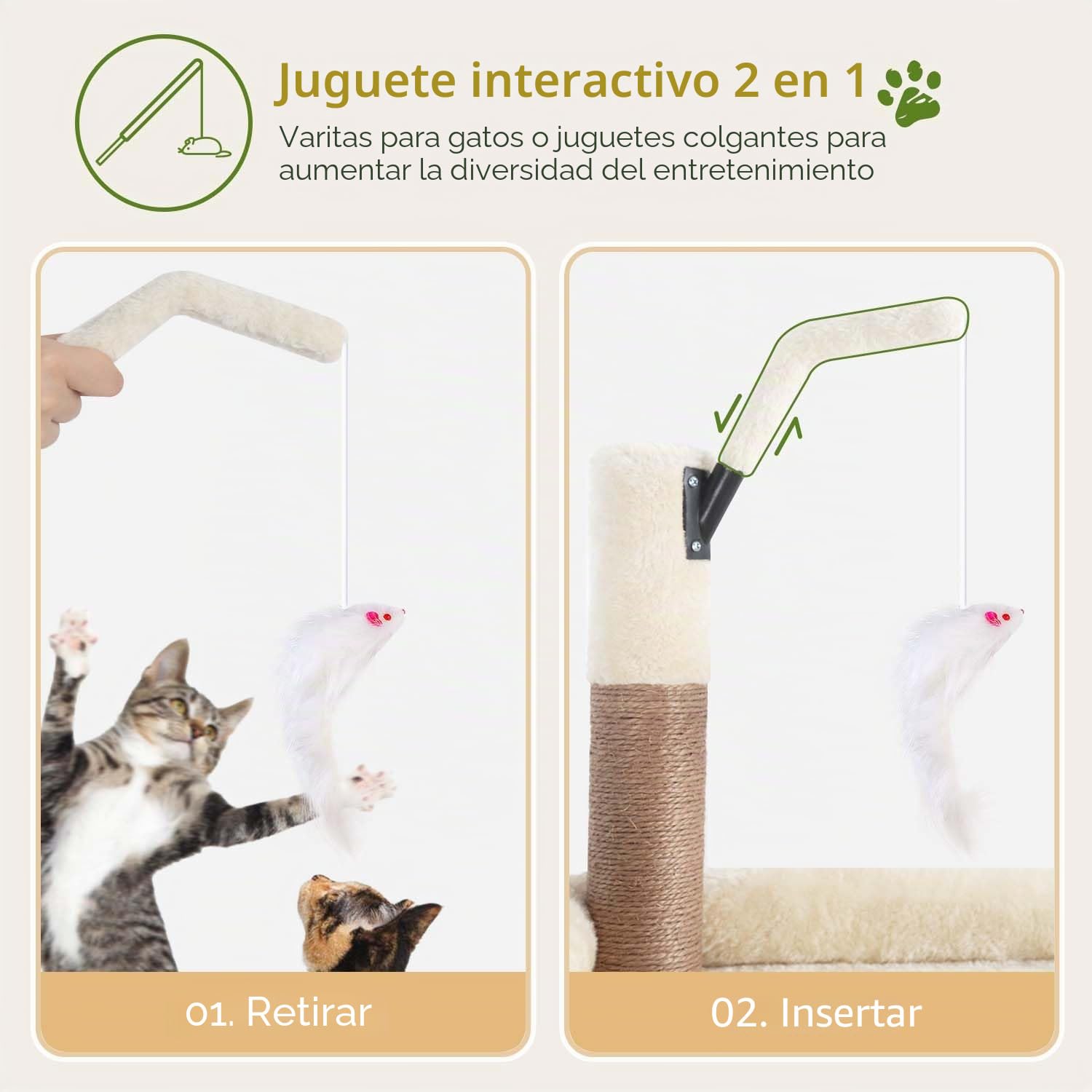 Globlazer Árbol Rascador para Gatos Beige Grande 188 cm Alto con 2 Nidos, Grande Plataforma Acolchada, Felpa Cesta, Peluche Juguetes, Estable Torre para Gatos Adultos Descansar Jugar (F74B, Beige)