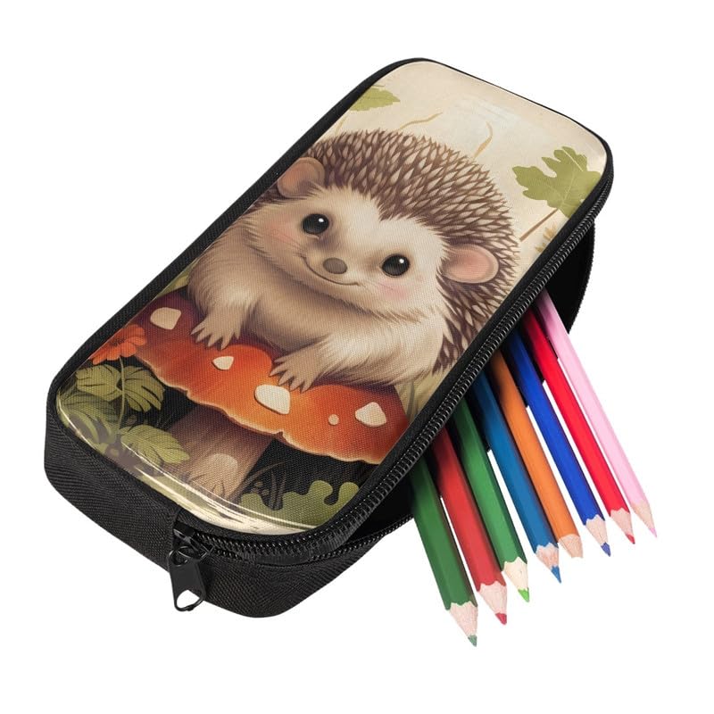 Kuiaobaty Hedgehog Printed Pencil Case for Girls Forest Plants Animals Pencil Pouch for School Zipper Pen Stationary Bags — image 1