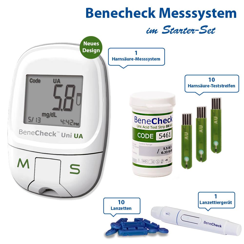 BeneCheck Premium Harnsäure-Messgerät – inkl. 10 Teststreifen, Lanzetten, Stechhilfe & Etui | Starterset zur Gichtkontrolle | präzises Uric Acid Testgerät für zuhause & unterwegs