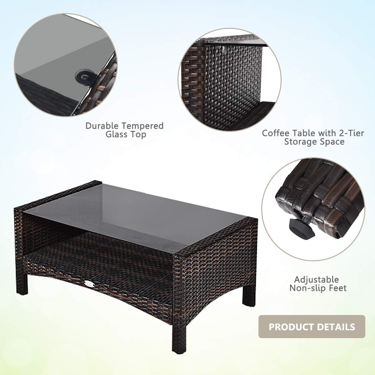 DORTALA 4 Pieces Rattan Patio Conversation Set, Outdoor Wicker Furniture Set with Chairs, Loveseat, Cushions and Glass Top Coffee Table for Garden Porch Poolside Balcony, Brown
