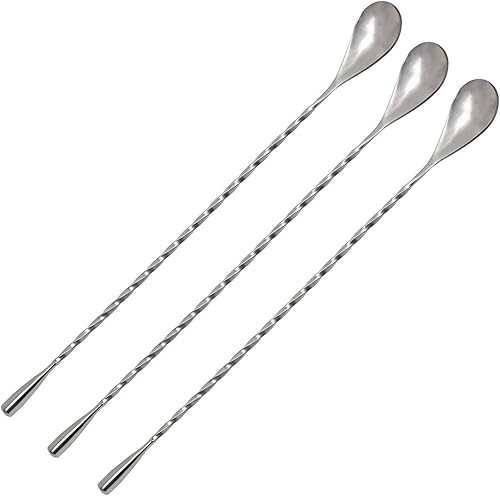 Mini Skater 3 palitos Swizzle de acero inoxidable plateado de 11.8 pulgadas de mango largo, cucharas de cóctel en espiral, agitadores de café para