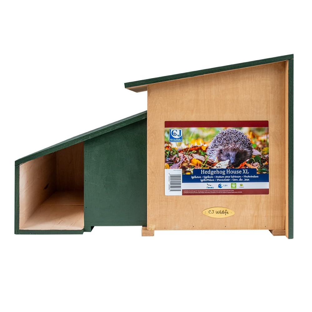 CJ Wildlife Igelhaus Winterfest – Igelfutterhaus aus FSC-Holz Grün – wetterfestes Igel Futterhaus mit Innentunnel und Belüftung – Gebrauchsfertig, XL Größe
