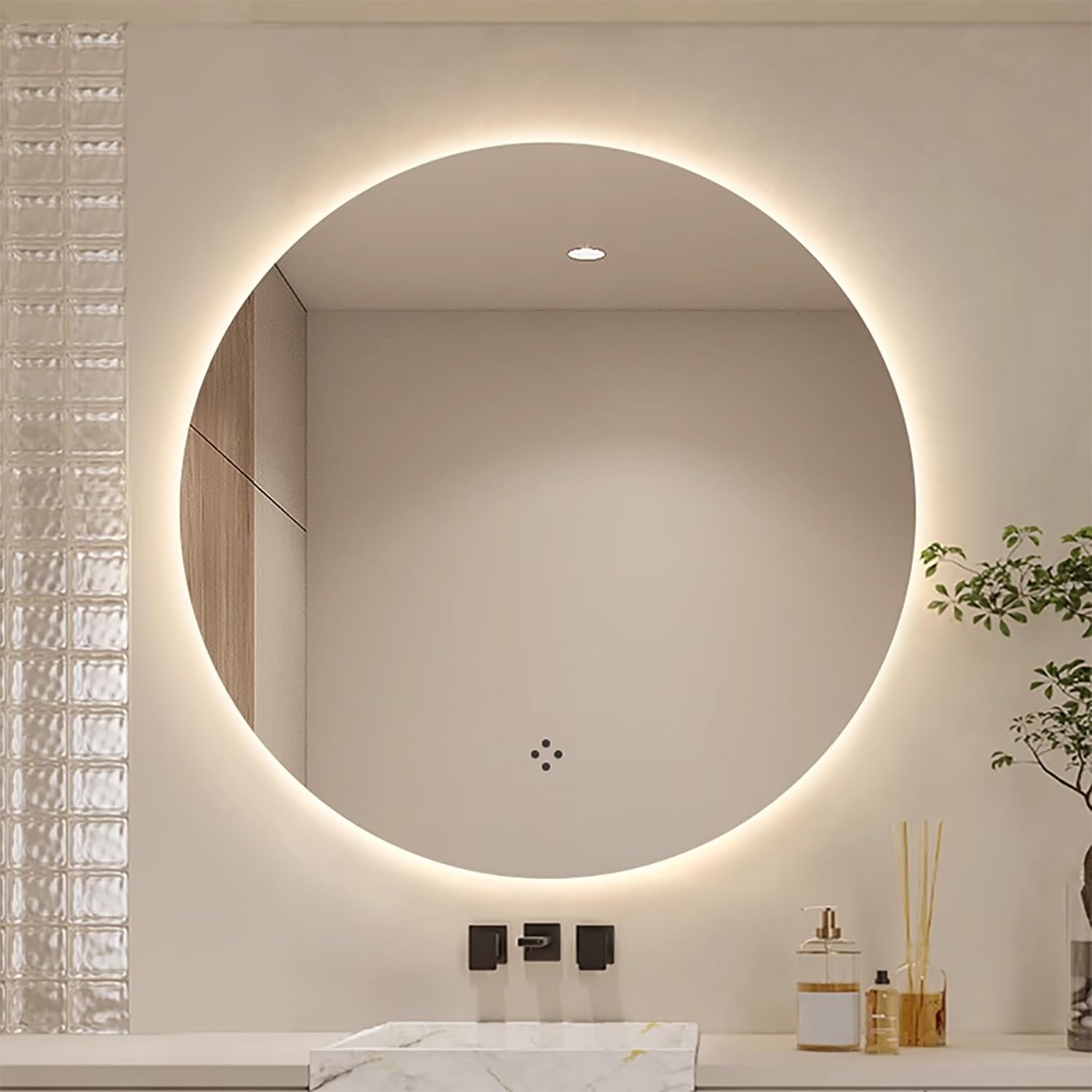 WJFTODAY 28" LED Round Wall-Mounted Vanity Mirror with Lights, 36" Anti-Fog Lighted Bathroom Mirror, 44" Dimmable Backlit Makeup Mirror, 3 Color Temperature Options (80cm/32inch)