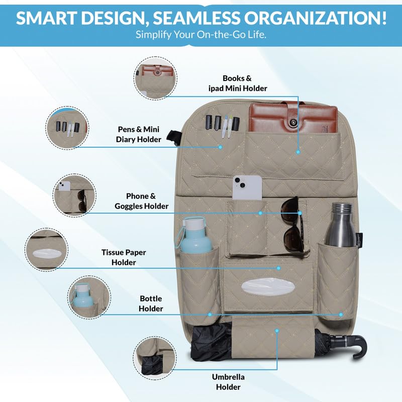 Neodrift 'Seat Master' Premium 7D Car Seat Organizer, Universal Fit, Multi-Pocket Storage for Bottles, Documents, Mobile, Keys, Tissues (Coffee) - Image 2 thumbnail