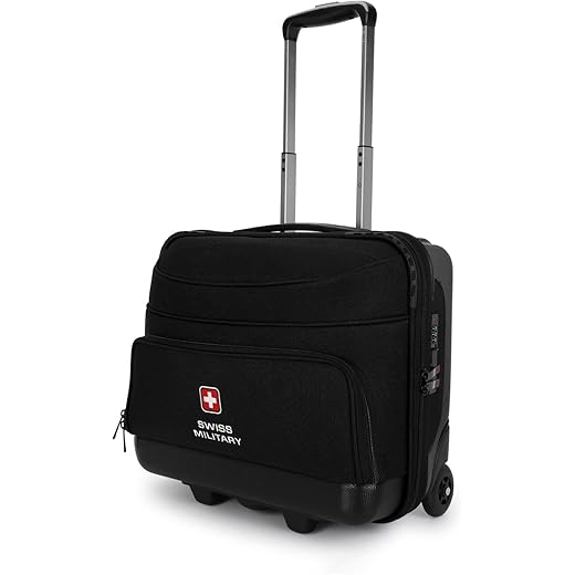 Swiss Military PILOTPRO Hard-Soft Overnighter Cabin Luggage Travel Trolley Suitcase Bag with 15.6-Inch Laptop Compartment, Business File Organizer, Premium Wheels, Push Button Handle (30L) Black