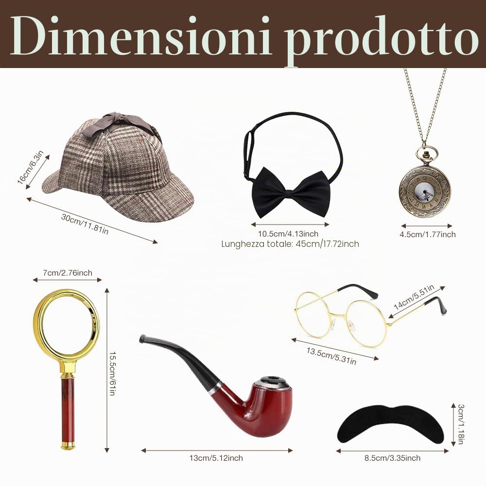 Set di accessori per costume da detective, 7 pezzi, accessori per costume Sherlock Holmes, kit per vestito fantasia, detective cosplay, accessori di scena per carnevale, feste in maschera