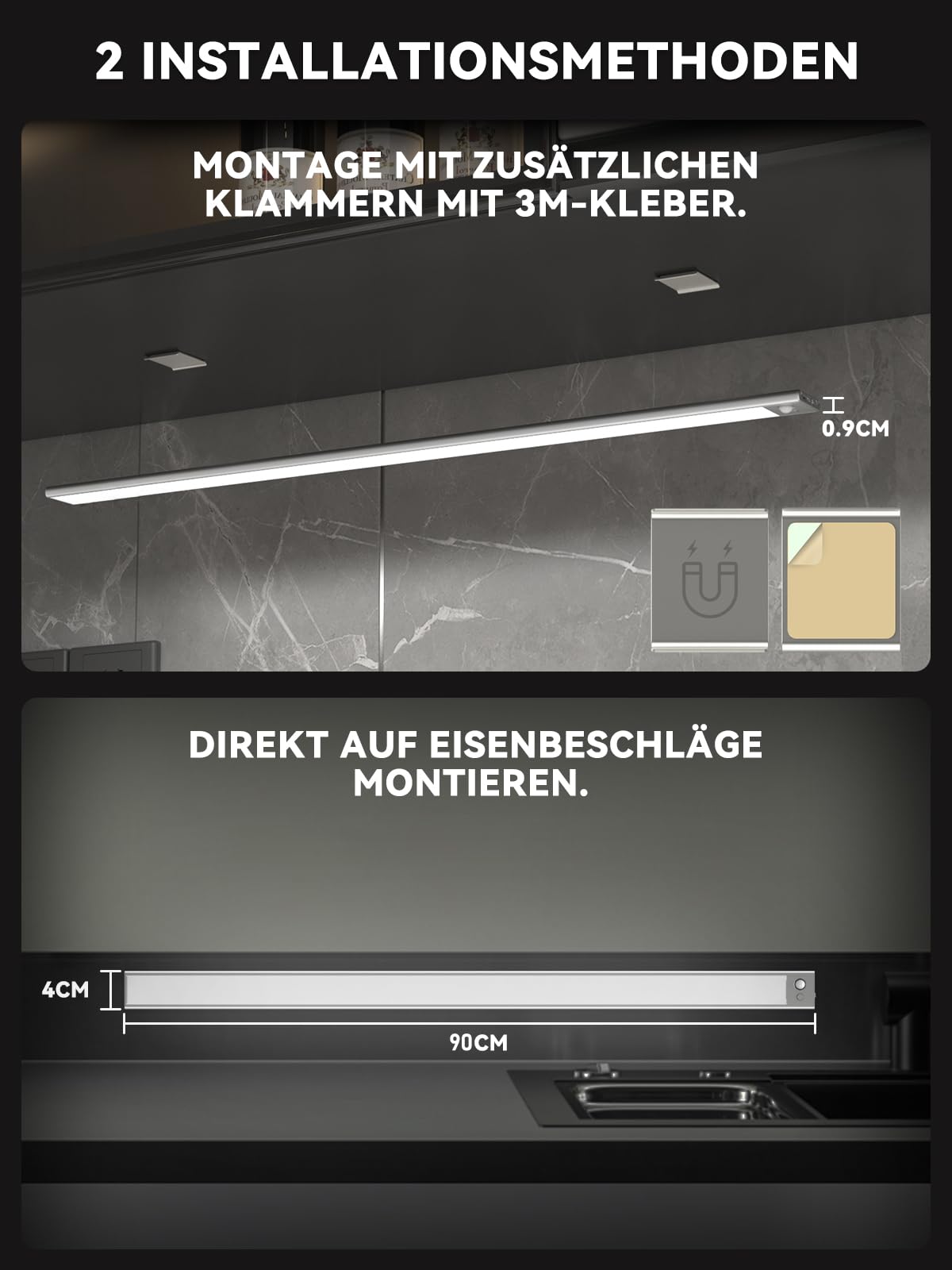 90CM Schrankbeleuchtung mit Bewegungsmelder, 332 LEDs Unterbauleuchte Küche Dimmbar, 6600mAh wiederaufladbar Beleuchtung LED Lichtleiste, 3 Farbmodi magnetische Led Leiste für Schrank,Kleiderschrank