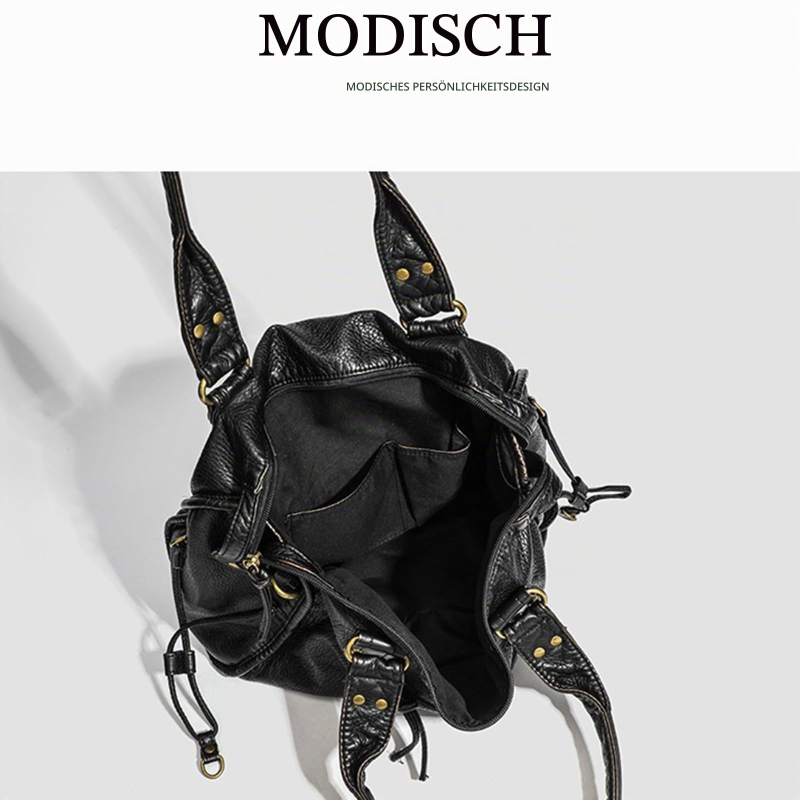 Tasche Schwarz Vintage Leder Tragetasche Für Damen Vintage-Urban-Taschen Nieten Tragetasche Damen Y2K Schultertasche Punk-Stil Ledertasche Hobo Bag