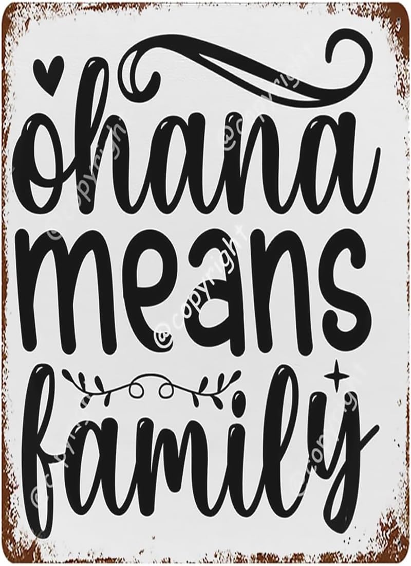 Family Decorative Vintage Alumium Sign Ohana Means Family Rerto Metal Tin Sign Decor For Home Living Room Bedroom Kitchen Office Garage Bar Coffee 8x12 inch