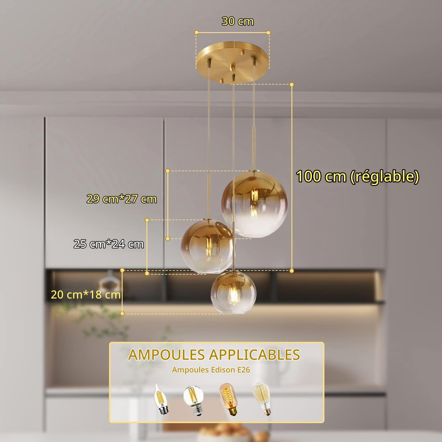 Suspension Globe Doré avec Abat-Jour en Verre Tan Dégradé 3 Lumières Lampe de Table à Manger Lampe Suspendue Lustre Réglable E27 Boutique Décoration Plafonniers pour Cuisine Bars R