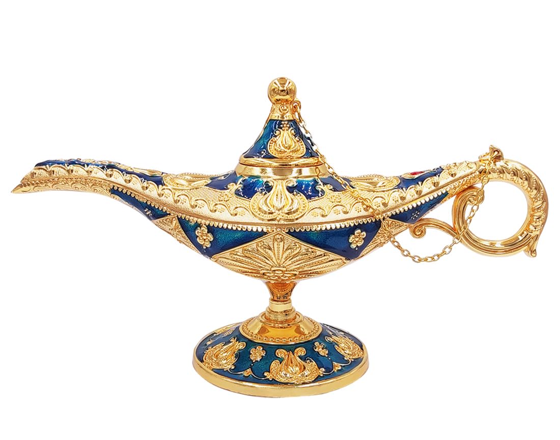 Hourwof Vintage Aladdin Magic Genie Lamp,Arabian Nights Costume Prop Lamp for Wedding Theme Party,Legend Wishing Light for Home Tabletop Decor Halloween Christmas Birthday Gift,Large Blue