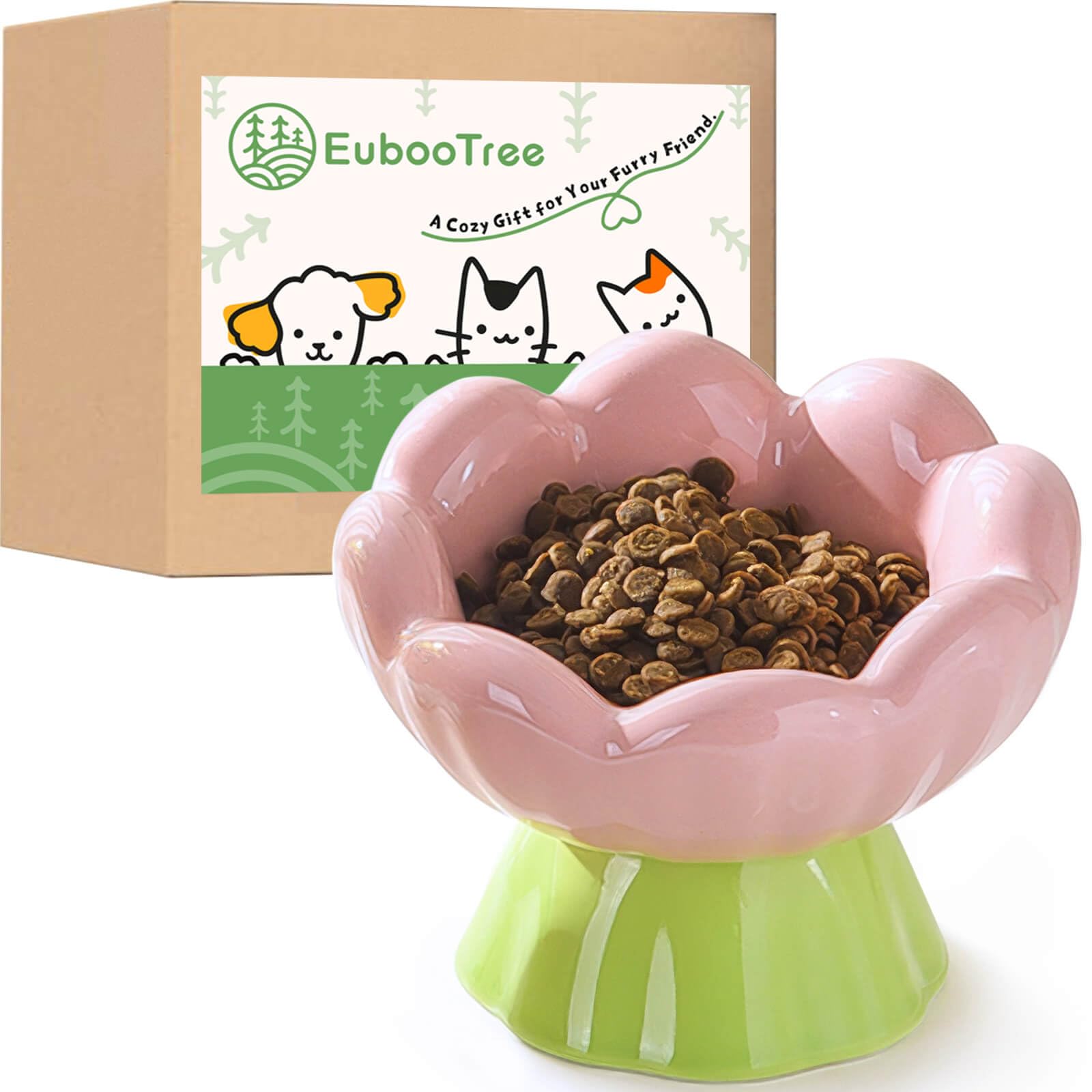 EubooTree Ceramic Raised Cat Bowl Elevated, Tall & Tilted, Anti-Vomiting, Non-Slip, Cute Flower Cat Food Bowls for Dry Wet Food and Water, for Small