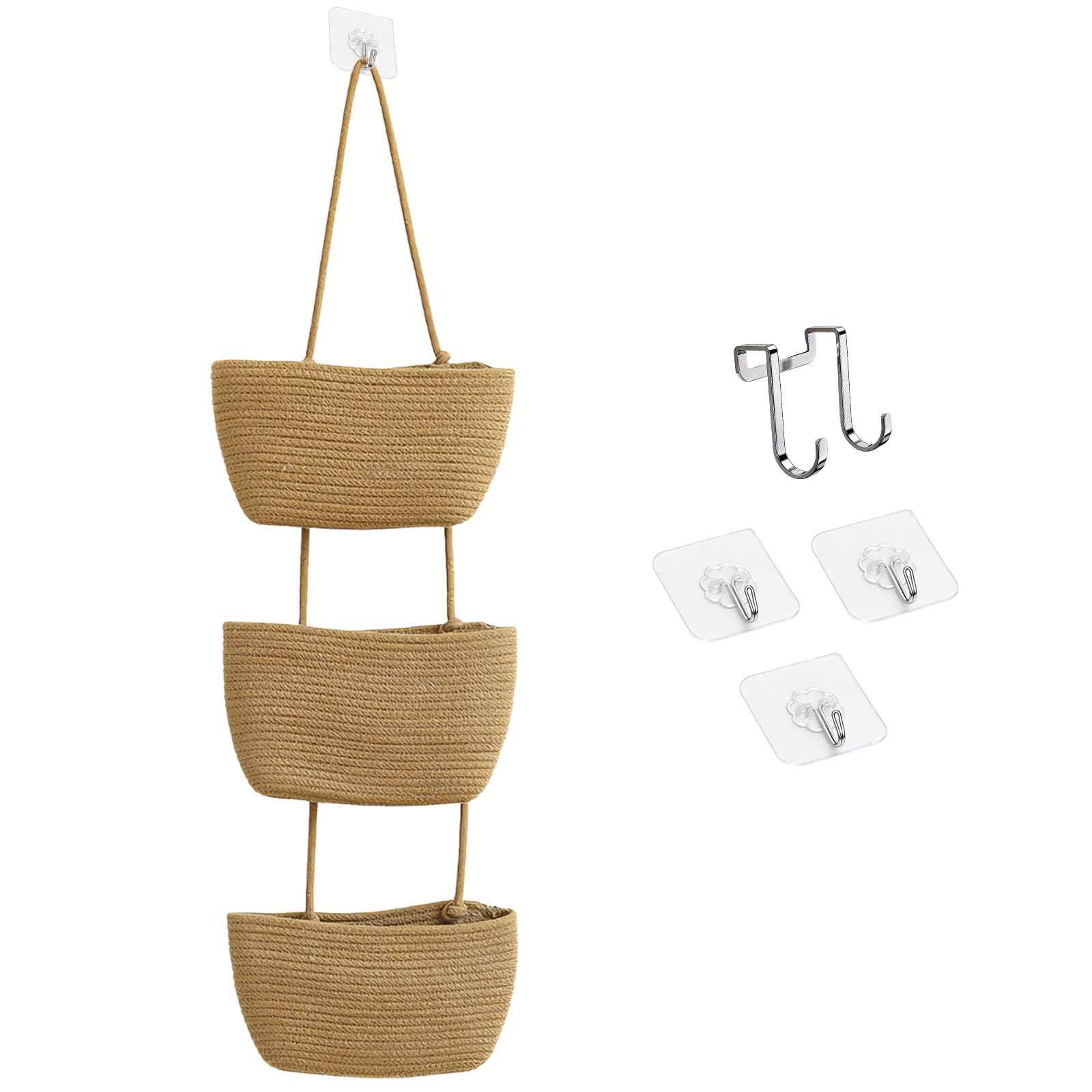 Hanging Storage Baskets, Over the Door Hanging Basket with Hooks, Decorative Storage Hanging Closet Removable, 3-Tier Wall Basket for Living Room, Bedroom, Kitchen