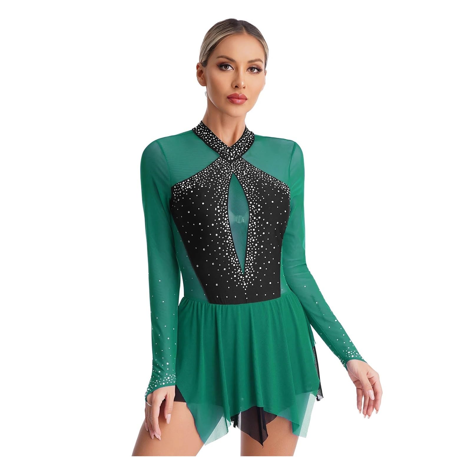 Body Pattinaggio Vestito da Pattinaggio su Ghiaccio con Strass Scintillanti da Donna, Body da Danza, Patchwork, Orlo Irregolare, Manica Lunga, Abbigliamento da Ballo lirico(Deep Red,S)