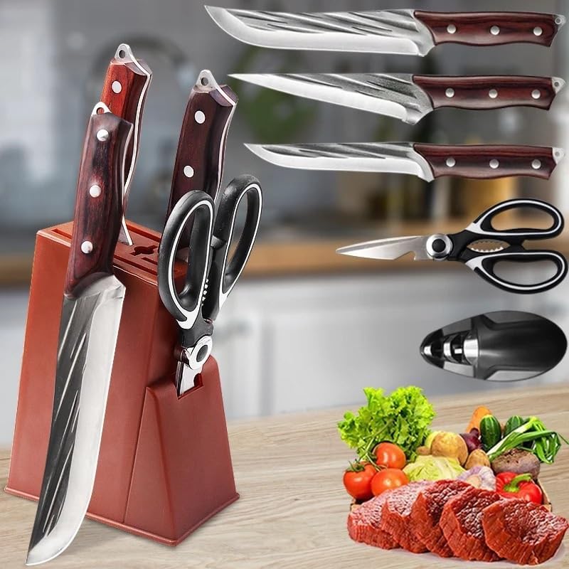 Kitchen Knife Sets, 6pcs Kitchen Knife Set Boning Knife Butcher Knife Stainless Steel Slicing Knife Sharp Kitchen Scissors with Sharpener