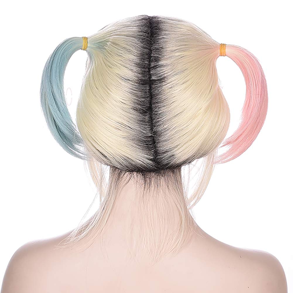 Morvally Kurze blonde Perücke mit dunklen Wurzeln und zwei rosa und mintgrünen Zöpfen, Perücke für Cosplay, Kostüm, Halloween