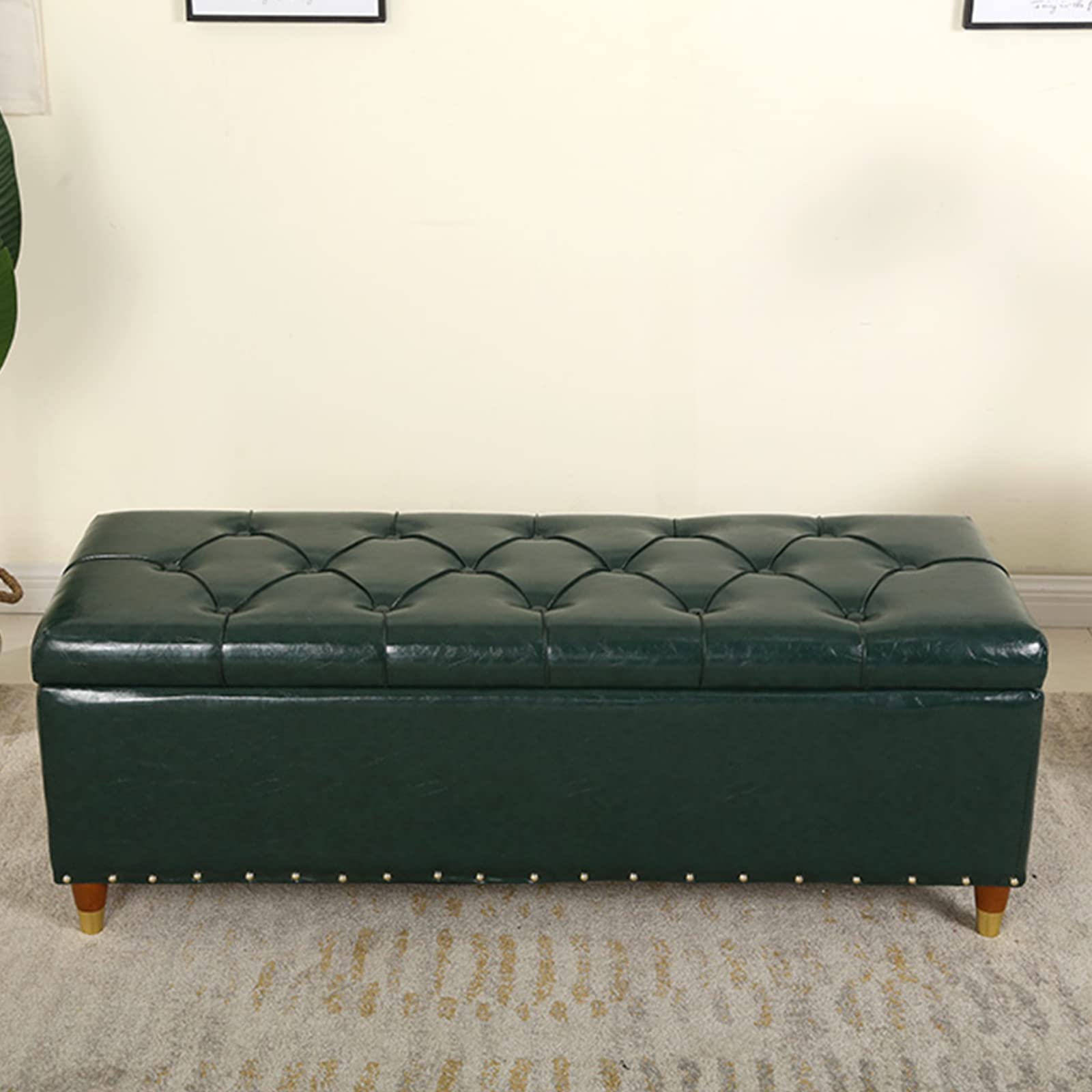 Tabouret capitonné de luxe en cuir rembourré vert pour salon chic
