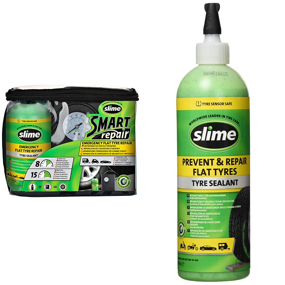Slime Crk0305 Kit De Reparación De Pinchazos Inteligente, Incluye Sellador Y Bomba De Aire + Sds-500/06-In Sellante De Reparación De Pinchazos, Reparación De Emergencia, Apto para Coches