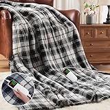 Black Heated Blanket Electric Twin Size,62X84 Heating Blanket with 10 Heats Levels&8 Hours Auto Off&Timer,Plaid Soft Sherpa Black Blankets Warmer Gift for Grandma Women Adult,Fast Heating Washable