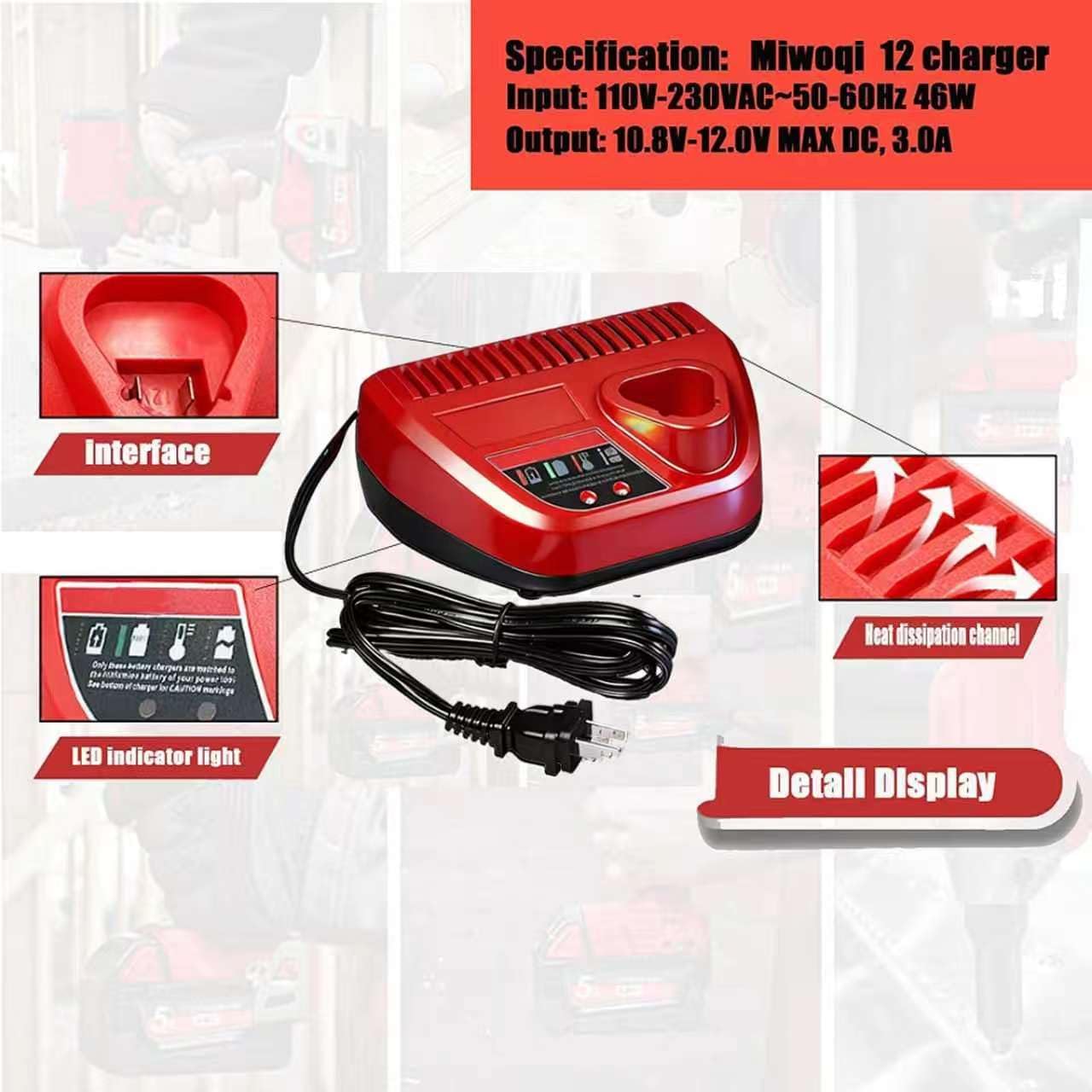 Replacement for Milwak12V Lithium-ion Battery Charger 30-Minute Fast Charger - Compatible with Milwak Battery 48-59-2401,48-11-2401, 48-11-2402, 48-11-2420 (UL Listed, LED Indicator)