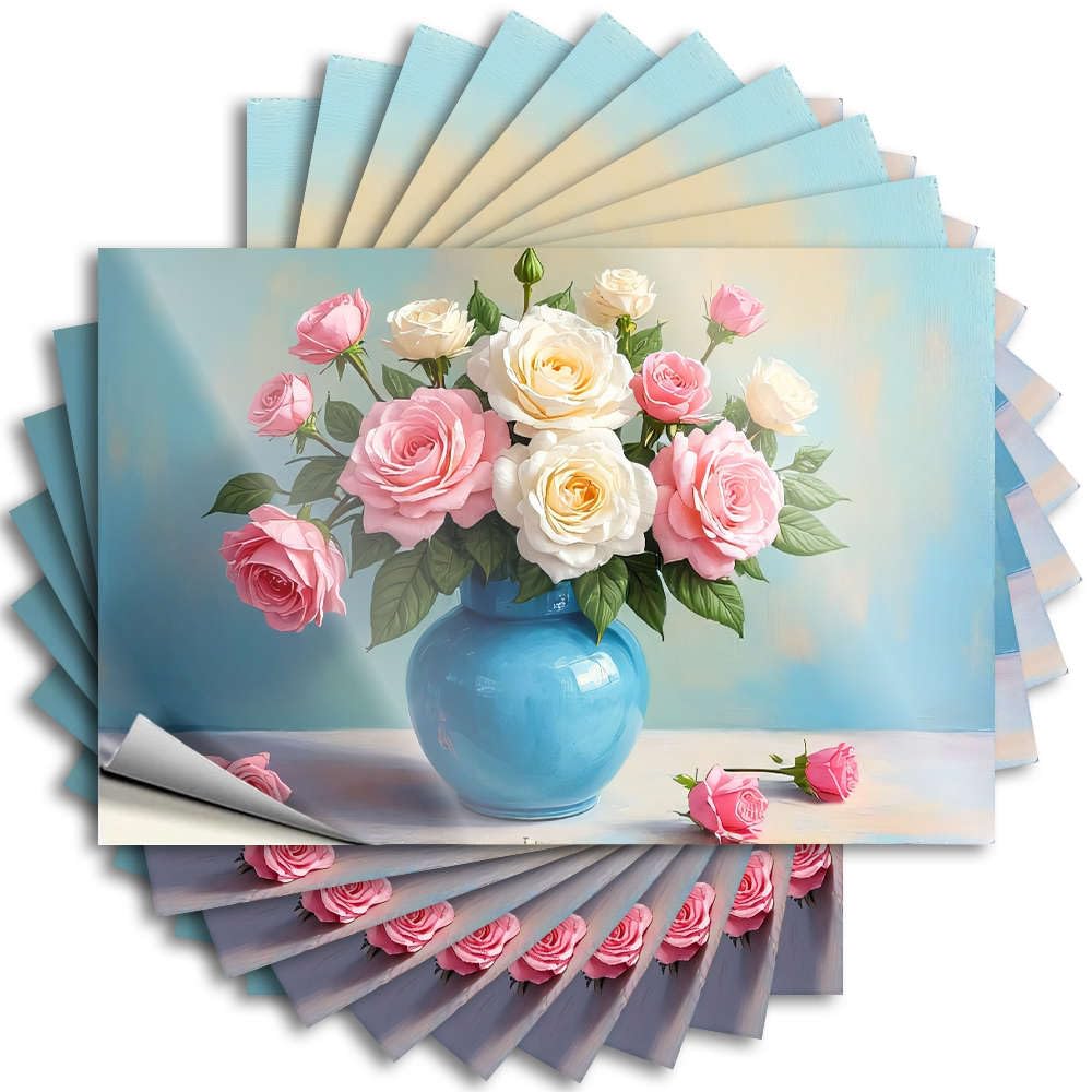 Quote - Mini Water A Bouquet of Roses in A Blue Vase. for Travel Gaming Room Accessories(6X9CM)