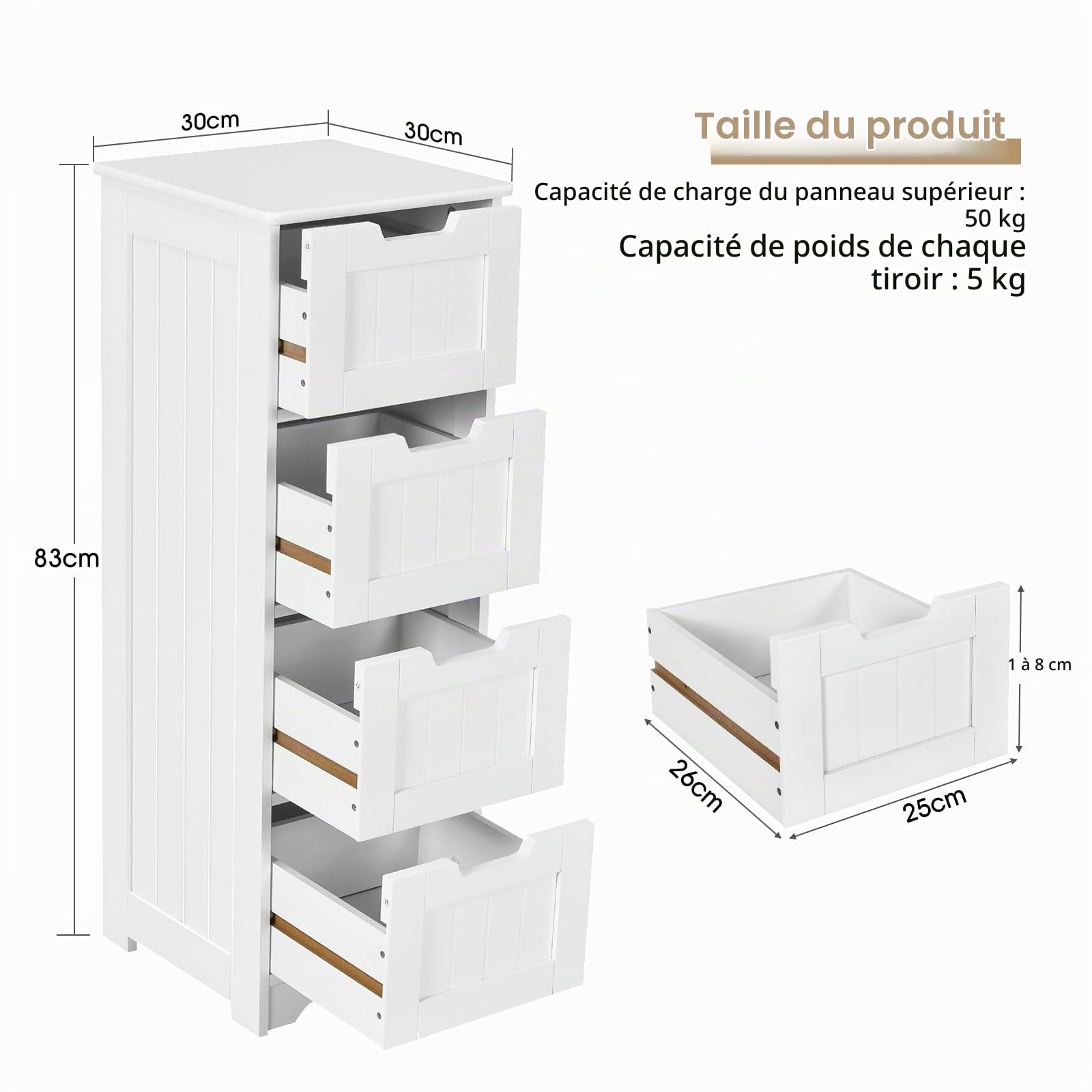KOMFOTTEU Colonne Salle de Bain étroite, 4 Tiroirs, 30x30x83cm, Blanc