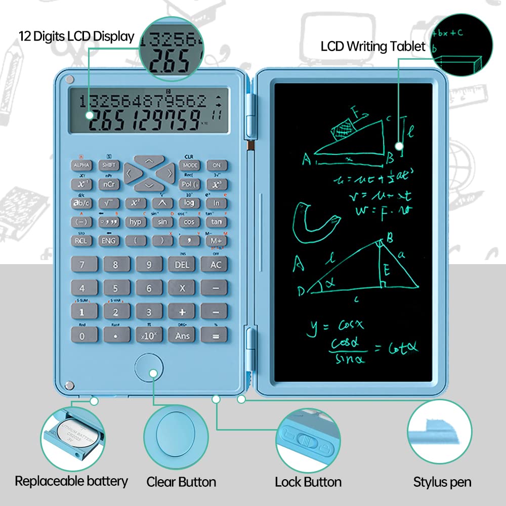 Calcolatrice scientifica con tavoletta da scrittura, professionale pieghevole calcolatrice standard con blocco di scrittura LCD cancellabile per ufficio, casa, scuola, business, colore: blu