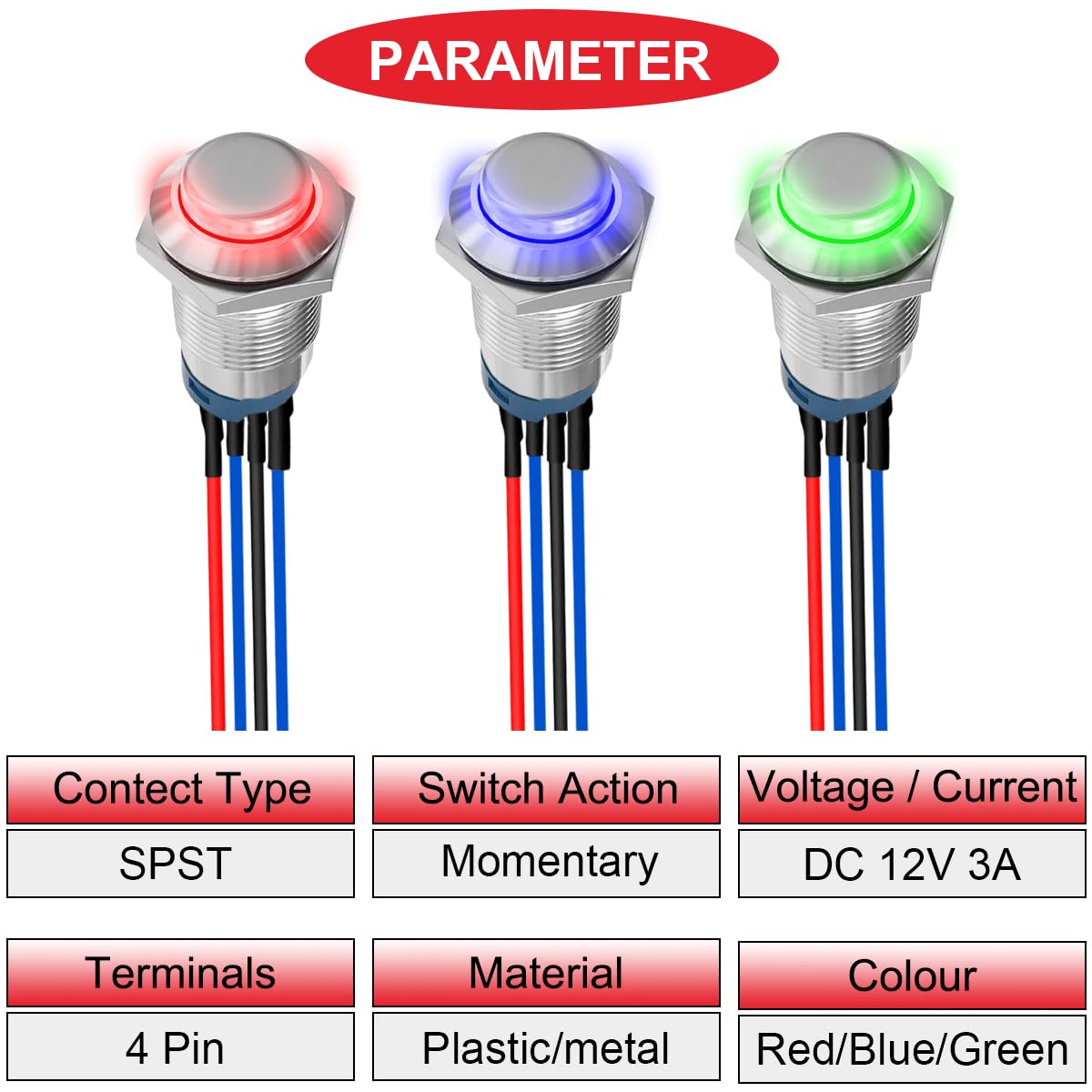 6 szt. 12 mm chwilowy przycisk LED czerwony/niebieski/zielony ze srebrną obudową DC 12 V 3 A 4-pinowy 1NO SPST IP65, wodoszczelny, okrągły metalowy przełącznik, przycisk ze stali nierdzewnej