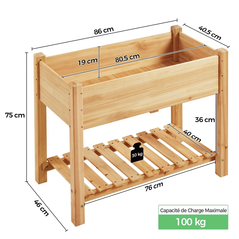 Yaheetech Carré Potager sur Pied en Bois avec Plateau Intérieur Extérieur Structure Ergonomique Trous de Drainage pour Balcon/Jardin