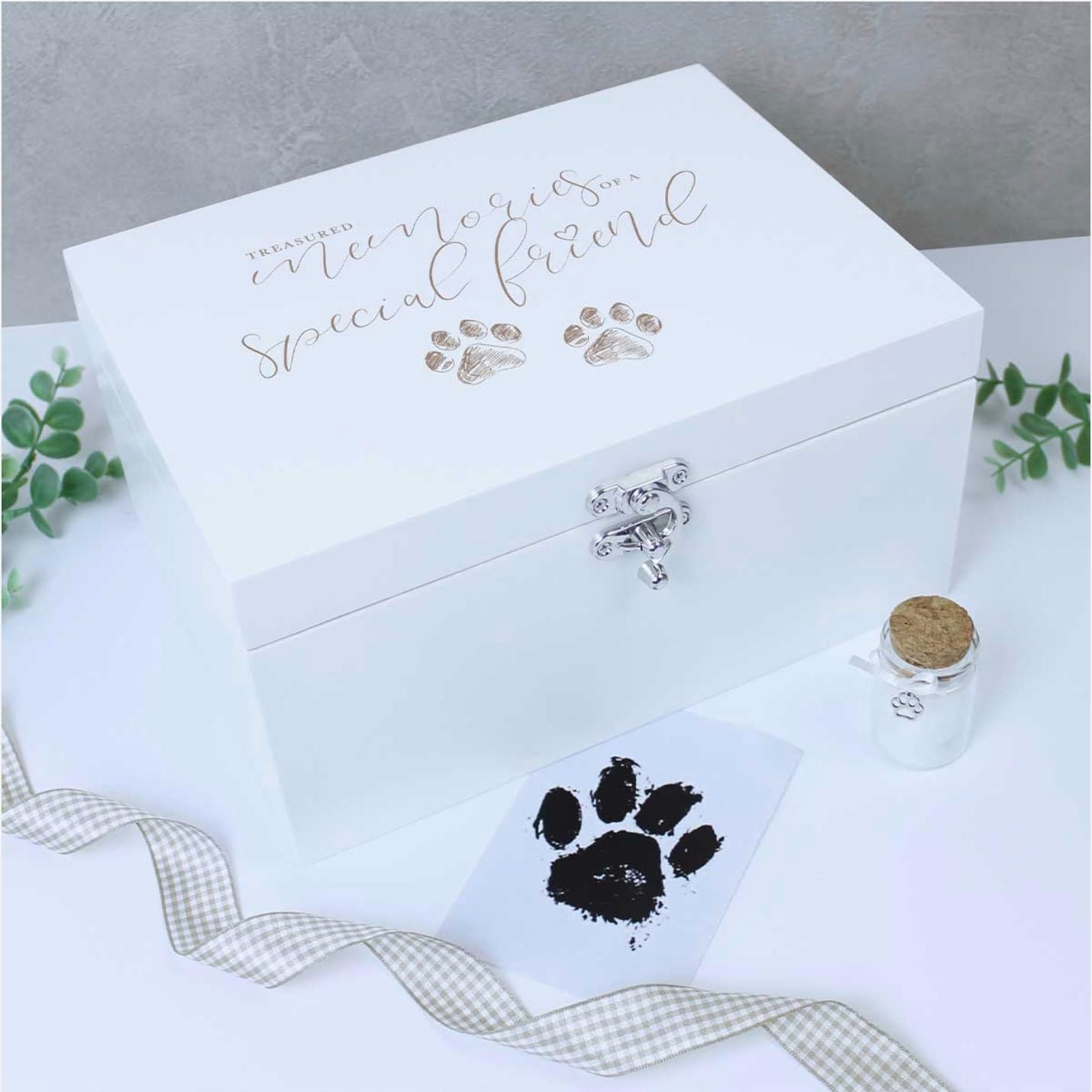 Caja de recuerdos de madera para mascotas de lujo, caja de recuerdos de madera blanca, homenaje premium para recuerdos de perros o gatos apreciados, 27 cm x 19 cm x 14 cm
